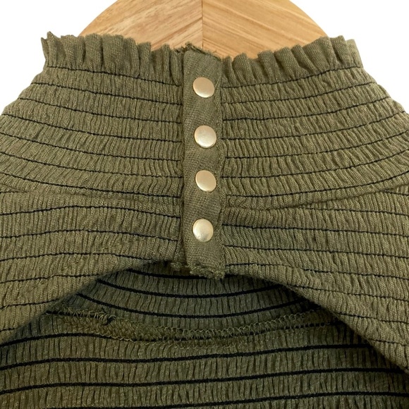 NATION LTD Yael Smocked High Ruffle Neck Top Ozark Green Pima Cotton Cutout Back - Picture 14 of 16